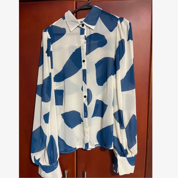 Beige Sheer Abstract Blue Print Button Up Shirt Long Bishop Sleeve Chiffon - Picture 4 of 5